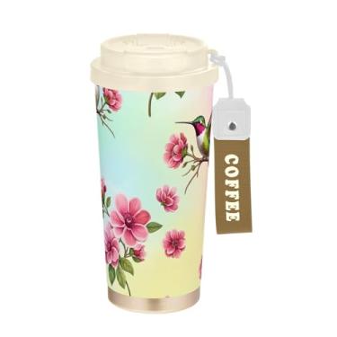 Imagem de TSENQUE Copo de café de 473 ml, copo de café de viagem com revestimento cerâmico com canudo e tampa, copo isolado a vácuo de aço inoxidável, flores rosa beija-flor coloridas