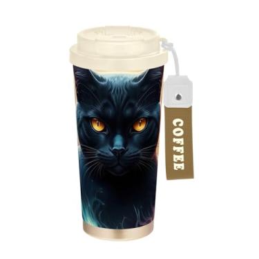 Imagem de TSENQUE Caneca de café de viagem de 473 ml com tampa de canudo e filp, caneca de café de aço inoxidável isolada a vácuo à prova de vazamento, planeta gato preto legal