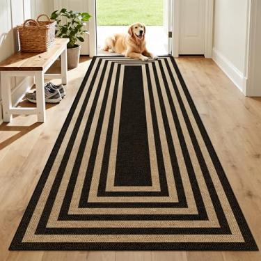 Imagem de JROSING Tapete de juta fácil listrado lavável 5 x 15 cm, preto boêmio, geométrico, externo, pátio, tecido, antiderrapante, fino, neutro, longo, tapete para corredor, cozinha, entrada, varanda, casa de