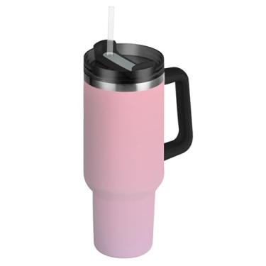 Imagem de Copos gradientes de cardo rosa blush com tampa e canudos de aço inoxidável isolado copo de garrafa de água com alça 850.5 g adultos caneca de café quente para carros