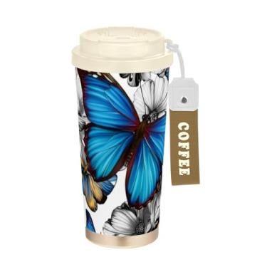 Imagem de TSENQUE Caneca de café de viagem de 473 ml com tampa de canudo e filp, caneca de café de aço inoxidável isolada a vácuo à prova de vazamento, borboletas vibrantes azuis