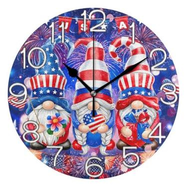 Imagem de Relógio de parede analógico decorativo redondo sem tique-taque silencioso quarto relógio de cozinha, decoração de parede de sala de estar moderna, gnomos Dia da Independência EUA, 25 cm, ponteiros
