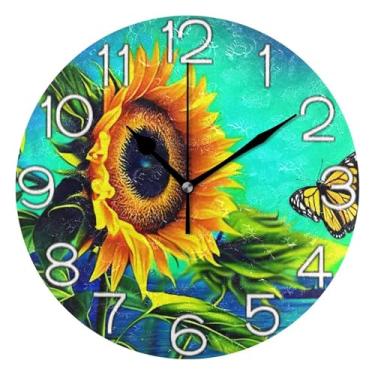 Imagem de Relógio de parede analógico decorativo para quarto e cozinha, operado por bateria, silencioso, moderno, decoração de parede, girassol, amarelo, borboleta, verde, 25 cm, ponteiros dourados
