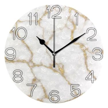 Imagem de GAIGEO Relógio de parede decorativo analógico estético silencioso sem tique-taque quarto relógio de cozinha, arte de parede boho decoração de casa mármore branco veias douradas, 25 cm, ponteiros