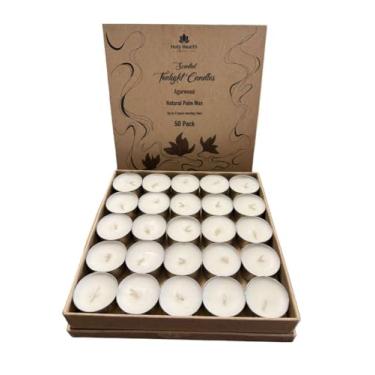 Imagem de Holy Health Velas perfumadas de madeira de ágar – Pacote com 50 – Luzes de chá brancas de queima longa – Velas pequenas sem fumaça para casa, spa, ioga, meditação e eventos. Cera de palma natural pura