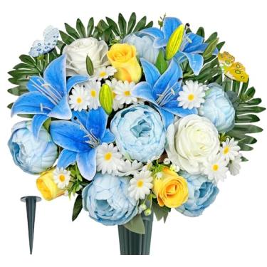 Imagem de Naramiji Flores artificiais de cemitério para decorações de túmulos: buquê de lírio de margarida rosa hibisco com vaso – Ideal para homenagens de simpatia e memorial