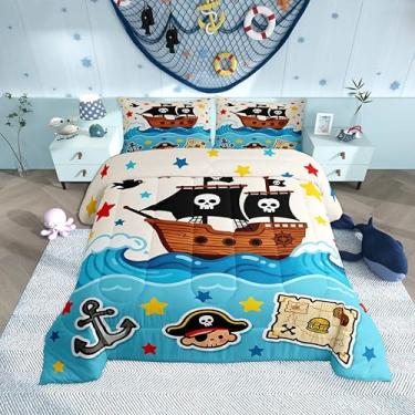 Imagem de Castle Fairy Conjunto de edredom casal com desenho animado de navio pirata, bandeira de caveira, chapéu de pirata, para crianças, meninos e adolescentes, ondas do mar azul, estrelas coloridas