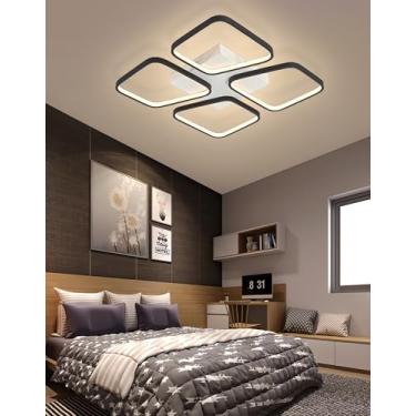 Imagem de Luminária de teto LED retangular com regulagem de intensidade e controle remoto. Lustre moderno para sala de estar com 6 lâmpadas quadradas de embutir, ideal para escritório, quarto e sala d