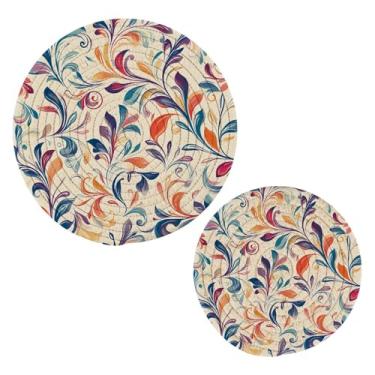 Imagem de Wassud Suportes de panela redondos de redemoinhos e folhas coloridos trivets de algodão almofadas quentes porta-copos elegantes decoração de cozinha e acessórios 2 peças