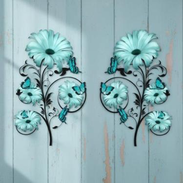 Imagem de Otoolling 2 peças de decoração de parede de flores de metal vintage flor azul arte de parede de metal 15,7 polegadas primavera borboleta floral rústica pendurado margarida arte para casa, sala de