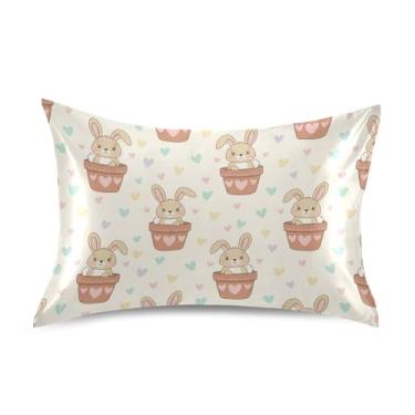 Imagem de Wassud Rabbites Fronha de cetim com corações coloridos para cabelo e pele, fronhas de seda lisa, tamanho queen, respirável, com fecho de envelope