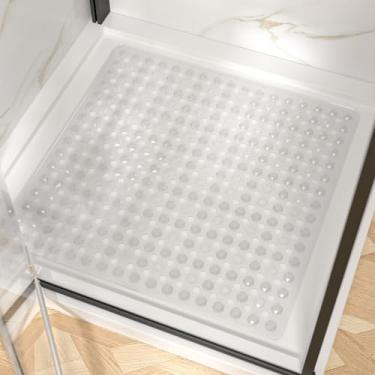 Imagem de HITSLAM Tapete de chuveiro antiderrapante, tapete de banho quadrado para banheira antiderrapante com ventosas e orifícios de drenagem, tapete de banheiro 61 x 61 cm, lavável na máquina, macio nos pés