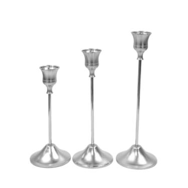 Imagem de Kit 3 Castiçais de Metal para Velas Palito – Decoração Sala, Quarto, Mesa, Casamento e Presente(Prata)
