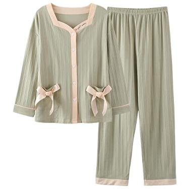Imagem de Roupa de casa feminina outono inverno botões manga longa conjunto de pijama feminino calça longa roupa de dormir lazer exterior (verde 3X)
