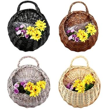 Imagem de Vasqueiro de Parede para Jardim Cesta Flores Rattan Feita à Mão Suporte Vasos Decoração Cestas Suspensas Internas