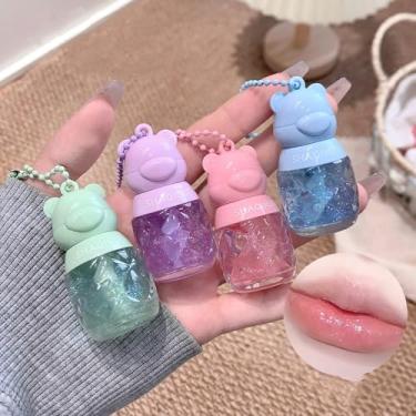 Imagem de Gireatick Conjunto de 4 peças de óleo de brilho labial, óleo brilhante com sabor de frutas, maquiagem labial de urso fofo para crianças e adolescentes, conjunto de bálsamo labial transparente matizado
