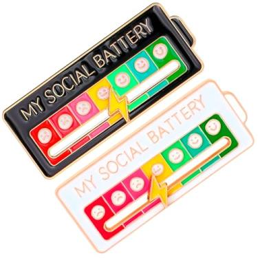 Imagem de Kit 2 Pin Metálico My Social Battery Broche Bateria Social Interativo Branco e Preto Mood Tracker