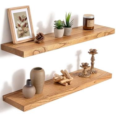 Imagem de Prateleiras flutuantes de 76 cm para parede, prateleiras de madeira maciça de 20 cm D para armazenamento de decoração, prateleiras de parede rústicas com suportes resistentes invisíveis para sala de