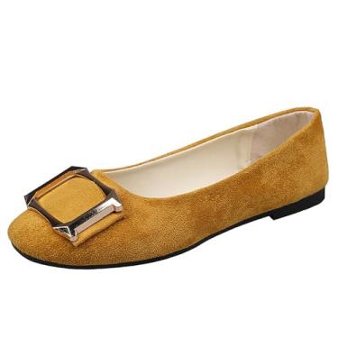 Imagem de Tênis feminino casual cor doce com fivela decorativa e bico quadrado tamanho grande para trabalho e dia a dia, Amarelo, 35