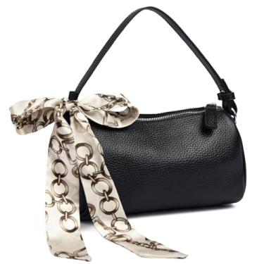 Imagem de Eslcorri Bolsa tiracolo feminina de couro real com cachecol - Mini alça superior bolsa de ombro Hobo bolsa fofa com bolso lateral, K096-preto, Mini, Clássico, elegante, luxo acessível, formal