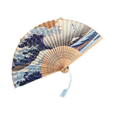 Imagem de Leque Japonês Dobrável Artesanal Vintage Com Estampa De Onda De Kanaga