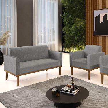 Imagem de Conjunto Poltrona E Namoradeira Decorativa Pés Fixo Em Madeira Castanho Linho Cinza Mesclado