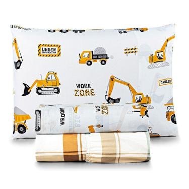 Imagem de Jogo De Cama Casa Scarpa Lençol Lutti Solteiro Infantil 200 Fios Estampado 3 Peças Trator Caminhão Branco