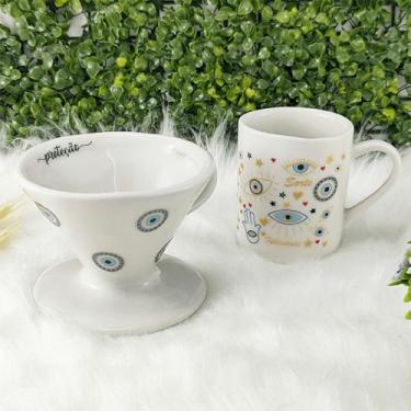 Imagem de Kit Caneca 300 Ml Decorada + Coador De Porcelana Filtro Café Olho Greg