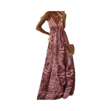 Imagem de Vestido Longo Feminino Boêmio Com Estampa Floral, Decote Em V E Cintur