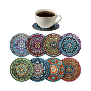 Imagem de Conjunto Elegante De 8 Porta-Copos De Madeira Mandala Para Bar, Escrit