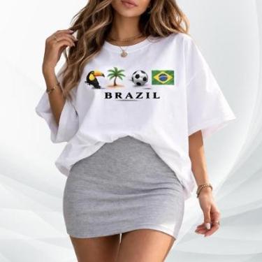 Imagem de Conjunto Feminino Brasil Oversized Camiseta 100 Algodão Saia Moletom Streetwear Copa Torcedora-Feminino