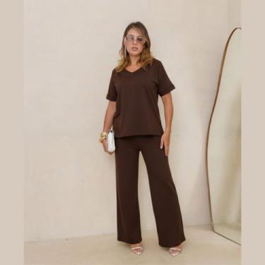 Imagem de Conjunto Moletom Feminino Pantalona Blusa Manga Curta Gola V - Rosana 