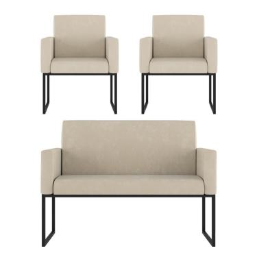 Imagem de Kit 2 Poltronas E Namoradeira Nina Para Recepção Courino Bege Balaqui Decor