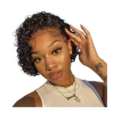 Imagem de Perucas XUE JUAN 1983 de cabelo humano brasileiro curto encaracolado perucas de renda média para mulheres de 15 cm, onduladas de água, 33 x 2,5 cm, perucas de cabelo humano com tela transparente