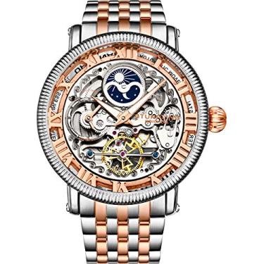 Imagem de Relógio masculino Stührling original, relógio automático, mostrador analógico, detalhes prateados, relógio de esqueleto, lua solar AM/PM, pulseira de aço inoxidável, 3922 relógios para coleção masculina, Rose Gold
