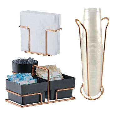 Imagem de Kit Porta Café Sachês Chá Açúcar + Suporte Porta Copos Descartáveis Guardanapo Rose Gold - Future