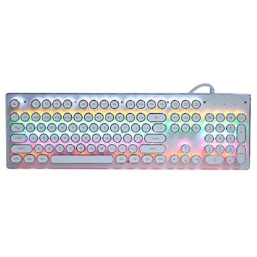 Imagem de ASHATA Teclado mecânico de jogos com fio, teclado de jogos retrô com fio, com 104 teclas, design ergonômico de luz mista, à prova d'água e à prova de poeira, Plug and Play (branco)