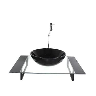 Imagem de KIT CUBA DE VIDRO REDONDA COM TAMPO 60CM PRETO E SUPORTE TORNEIRA VALVULA