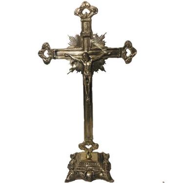 Imagem de Crucifixo Mesa Altar Em Bronze Todo Trabalhado Artesanal