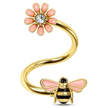 Imagem de CM Crareesi Mania Brincos de hélice torcido de abelha 16G barra espiral torcida 316L aço inoxidável flor lábio anéis labret piercing sobrancelha concha tragus piercing joia, Metal, Zircônia cúbica