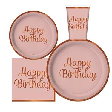 Imagem de Serve 30 | Pacote completo de festa | Artigos de festa de feliz aniversário | pratos de papel de jantar de 22,86 cm | pratos de papel de sobremesa de 17,78 cm | 340 ml copos | 3 guardanapos de pelúcia | Artigos de festa de feliz aniversário | Folha de ouro rosa