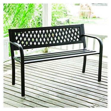 Imagem de KIZQYN Banco de jardim externo de metal com tinta de aço engrossada banco de lazer para 3 pessoas banco preto simples para pátio, varanda, terraço, jardim, bancos externos