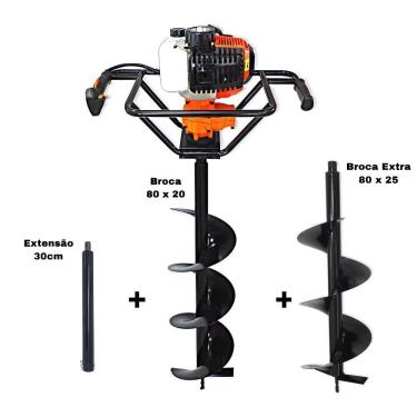 Imagem de KIT Perfurador de Solo Vulcan VPS520 2T 52CC 2,5HP com Broca 80x20cm + Broca 80x25cm + Extensão de 30cm com Pino Trava
