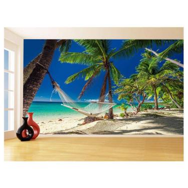 Imagem de Papel De Parede 3D Praia Mar Rede Coqueiros Céu 3,5M Npr256