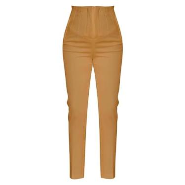 Imagem de Calça social feminina casual de cintura alta perna reta calça comprida perna larga calças elásticas para trabalho, Bronze, M