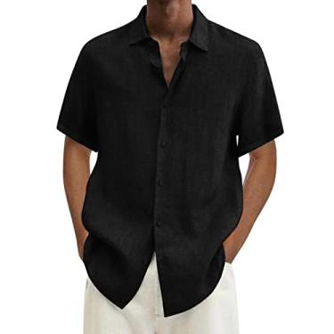Imagem de Camisetas masculinas de cor azul-petróleo verão havaiano camisa sólida manga curta bolso duplo blusa de manga longa virada para baixo, Preto, G