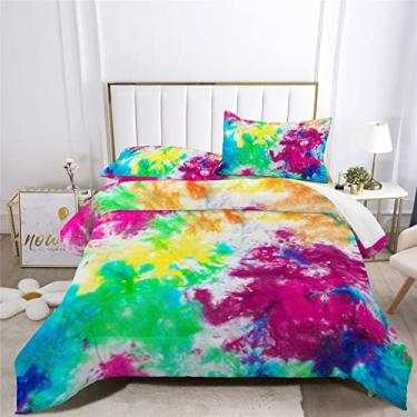 Imagem de Conjunto de edredom hippie moderno com decoração psicodélica Tie-dye, 7 peças, conjunto de cama tie-dye, incluindo 1 lençol com elástico + 1 edredom + 4 fronhas + 1 lençol de cima (B, cama de solteiro