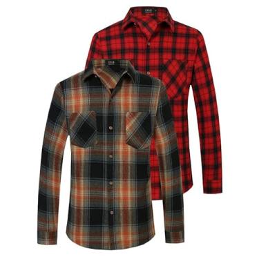 Imagem de SSLR Camisas de flanela para homens, camisa de manga comprida com botões, xadrez, escovada, casual, Marrom e vermelho, XXG