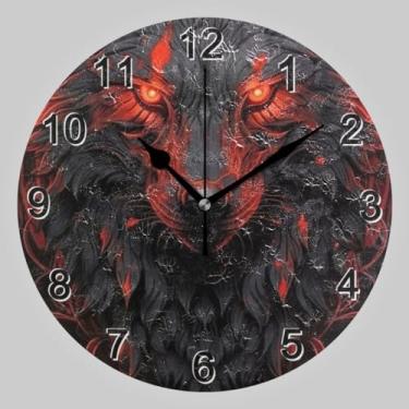 Imagem de CHIFIGNO Relógio de parede redondo preto vermelho lobo, relógios de parede decorativos bateria relógio redondo relógios de parede de cozinha operados por bateria