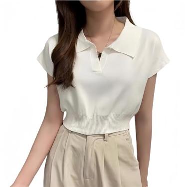 Imagem de LAI DE RUI Camiseta feminina sexy de verão manga curta gola V curta cor sólida polo tricotado, Branco, G